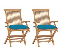 DYRJDJWIDHW Teak Wood Garden Chairs 2 Pcs Set with Light Blue Cushions, Foldable Outdoor Patio Furniture for Terrace, Weather Resistant Solid Wood Seating with Armrests