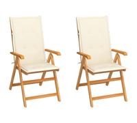 DYRJDJWIDHW Teak Wood Garden Chairs Set of 2 with Cream Cushions, 7-Position Reclining Outdoor Patio Furniture, Weather Resistant Foldable Lounge Chairs for Backyard Terrace