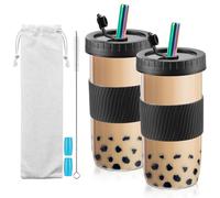 Dyserbuy Bubble Tea Cup, Confezione da 2 tazze per frullati, tazza da caffè freddo da 730 ml, tazze in vetro con coperchi e cannucce, bicchiere in vetro riutilizzabile con custodia in silicone