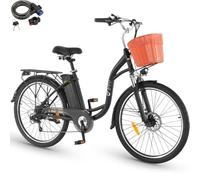 DYU Bicicletta Elettrica, 26" Bici Elettrica per Adulti, 12,5 Ah 36V Batteria Rimovibile, Motore 250W, Shimano 7 Velocità, Autonomia di 65 km E-bike con cestino, Freno a Disco, Uomo e Donna Nero