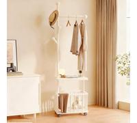 DYUNCZ Appendiabiti Angolare Mobile, Appendiabiti da Terra in Legno con 4 Ganci e Cestello Portaoggetti, Appendiabiti da Terra, per Corridoio, Camera da Letto, Soggiorno(White)