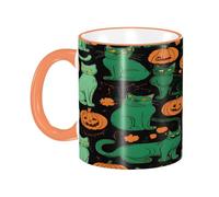 DZBDWZXH Tazza da caffè in ceramica con manico arancione, 325 ml, (zucca horror di Halloween con fantasma verde), per ristorante, caffè, cappuccino, tè, cacao, cereali
