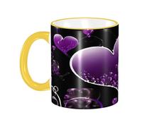 DZBDWZXH Tazza da caffè in ceramica con manico giallo, 325 ml, con stampa di cuori viola fucsia, tazza da caffè per caffè, cappuccino, tè, cacao, cereali