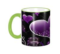 DZBDWZXH Tazza da caffè in ceramica con manico verde, 325 ml, con stampa di cuori viola fucsia, tazza da caffè per caffè, cappuccino, tè, cacao, cereali