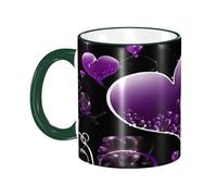 DZBDWZXH Tazza da caffè in ceramica con manico verde scuro, 325 ml, con stampa di cuori viola fucsia, tazza da caffè per caffè, cappuccino, tè, cacao, cereali