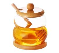 Dzmuero Porta Miele Vetro con dosatore, dosatore miele, 300ml vasetti miele bomboniere, Vasetto per miele in legno con coperchio, Contenitore di vetro sigillato, Vasetto per miele a bocca larga