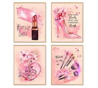 dzxnouart 4 stampe artistiche da parete su tela rosa per trucco, acquerello, profumo, tacchi alti, rossetto, immagini di bellezza per ragazze e donne, decorazione per la stanza, senza cornice (21 x 30