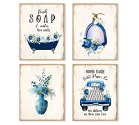dzxnouart Set di 4 divertenti stampe artistiche da parete per bagno, stile rustico, con fiori blu, stampe artistiche per WC, bagno, senza cornice (20 x 25 cm)