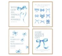 dzxnouart Set di 4 poster artistici da parete con fiocco blu, versi, stampe preppy per ragazze adolescenti, senza cornice (21 x 30 cm)