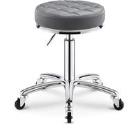 DZYHFCO Rolling Salon Stool - Sedia girevole rotonda con cuscino in pelle PU grigia, regolabile in altezza, in acciaio inox
