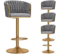 DZYHFCO Set di 4 sgabelli da bar in velluto, regolabili con schienale intrecciato, altezza del bancone, sgabelli girevoli imbottiti moderni (grigio, gambe dorate)