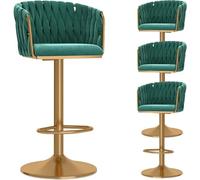 DZYHFCO Set di 4 sgabelli da bar in velluto, regolabili con schienale intrecciato, altezza del bancone, sgabelli girevoli imbottiti moderni (verde, gambe dorate)