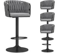 DZYHFCO Set di 4 sgabelli da bar in velluto, regolabili con schienale intrecciato, altezza del bancone, sgabelli girevoli imbottiti moderni (grigio, gambe nere)