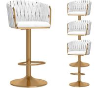 DZYHFCO Set di 4 sgabelli da bar in velluto, regolabili con schienale intrecciato, altezza del bancone, sgabelli girevoli imbottiti moderni (bianco, gambe dorate)