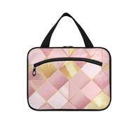 E and Gold Plaid Background Hanging Cosmetic Bags with Zipper with Hook Designer Essentials Makeup Case for Mom Vacation Cartera Para Makeuje L