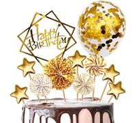 E-ASUM Set di topper per torta di compleanno, decorazione per torta di compleanno, coriandoli, palloncini, stelle, ventaglio di compleanno, decorazione per torte di compleanno (oro)