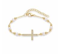 E Bracciale a forma di croce per bambine, in argento 925, con perle, regolabile, per compleanno, battesimo, prima comunione, cresima, regalo per ragazze e bambine
