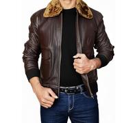 e Genius Bomber da uomo G-1 Aviator Bomber in pelle con collo rimovibile in pelliccia - nero/marrone | vera pelle stile pilota di volo, Ecopelle marrone, S