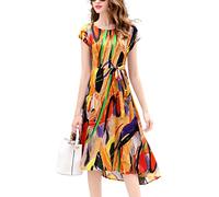 E-girl Abito da donna in seta, a maniche corte, elegante, con scollo rotondo, per il tempo libero, con stampa irregolare E999, giallo., 44