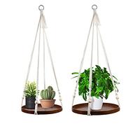 E-KNOW Appendiabiti per piante in macramè, set da 2 pezzi, per interni, da appendere, decorativo, in cotone, fatto a mano, con vassoio in legno, decorazione per la casa