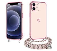 E-Lush Cover con Cordino per iPhone 12, Ultra Sottile Cuore Amore Elettrolitico Cover per Apple iPhone 12 6.1", Morbido TPU Silicone Custodia con Regolabile Collana Antiurto Protettiva Case, Oro Rosa