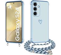 E-Lush Cover con Cordino per Samsung S24 5G/ 4G, Ultra Sottile Cuore Amore Elettrolitico Cover per Samsung Galaxy S24, Morbido TPU Silicone Custodia con Regolabile Collana Antiurto Protettiva Case Blu