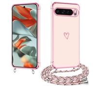 E-Lush Cover per Google Pixel 9 Pro XL con Cordino, Sottile Cuore Amore Elettrolitico Cover per Samsung Edge, Morbido TPU Silicone Custodia con Regolabile Collana Antiurto Protettiva, Oro rosa