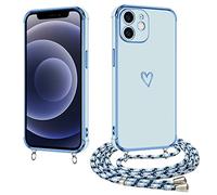 E-Lush Cover per iPhone 12 con Cordino, Ultra Sottile Cuore Amore Elettrolitico Cover per Apple iPhone 12 6.1", Morbido TPU Silicone Custodia con Regolabile Collana Antiurto Protettiva Case, Blu