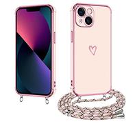 E-Lush Cover per iPhone 13 con Cordino, Ultra Sottile Cuore Amore Elettrolitico Cover per Apple iPhone 13 6.1", Morbido TPU Silicone Custodia con Regolabile Collana Antiurto Protettiva Case, Oro Rosa