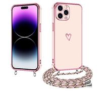 E-Lush Cover per iPhone 14 Pro con Cordino, Ultra Sottile Cuore Amore Elettrolitico Cover per iPhone 14 Pro, Morbido TPU Silicone Custodia con Regolabile Collana Antiurto Protettiva Case, Rose Gold