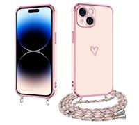 E-Lush Cover per iPhone 15 con Cordino, Ultra Sottile Cuore Amore Elettrolitico Cover per iPhone 15, Morbido TPU Silicone Custodia con Regolabile Collana Antiurto Case, Oro Rosa