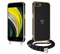 E-Lush Cover per iPhone 8/ iPhone 7 con Cordino, Ultra Sottile Cuore Amore Elettrolitico Cover per iPhone SE 2020/ iPhone SE 2022, Morbido TPU Silicone Custodia con Regolabile Collana, Nero