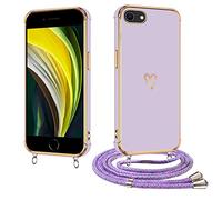E-Lush Cover per iPhone 8/ iPhone 7 con Cordino, Ultra Sottile Cuore Amore Elettrolitico Cover per iPhone SE 2020/ iPhone SE 2022, Morbido TPU Silicone Custodia con Regolabile Collana, Viola