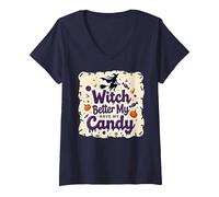 È Meglio Che la Strega di Halloween Si diverta con i Miei dolcetti o scherzetti Maglietta con Collo a V, Donna, Navy, M