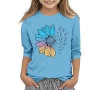 e Ragazze Casual Solid Color Girocollo Sette Polsini T Shirt Top 3 13 anni Camicetta Con Scollo, Azzurro, 10-11Years