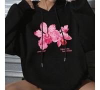 E un maglione con cappuccio imbottito selvaggio e morbido questo maglione imbottito colore di base nero puro assoluto senior, stampa orchidea rosa posteriore super assoluta, "Scatena la bestia dentro