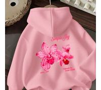 E un maglione con cappuccio imbottito, selvaggio e morbido, questo maglione imbottito ha un colore di base nero puro assoluto, stampa orchidea rosa sul retro, super assoluto, "Scatena la bestia che è 