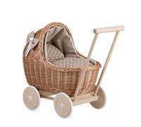 e-wicker24 Alles aus Weide Carrozzina Passeggino per Bambola di Vimini Passeggino Bambole in Vimini Naturale Passeggino Giocattolo Bambina con Maniglia e Ruote in Legno e Tessuto Beige e Bianco