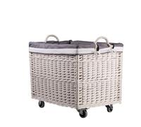 e-wicker24 - Cesto portabiancheria rettangolare, cesto in vimini bianco con ruote e fodera in tessuto, contenitore di vimini, cestino, scatola (biancogrigio)