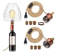 E27 Portalampada per Bottiglia 2 Pezzi, 240 CM Corda di Canapa Cavo e Porta Lampade in Metallo Ceramica, Kit Lampada Bottiglia con 3 Tappi di Sughero, DIY Lampada da Tavolo per Varie Bottiglie