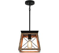 E27 Single Head Rustic Adjustable Height Lantern Pendant Light With Oak Wood And Iron Finish,Hanging Lights Farmhouse Lighting Fixtures For Dining Room,Kitchen,Hallway Lights Fixtures