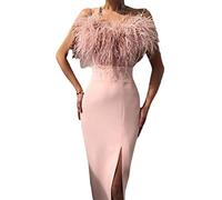 EACH WOMEN Abito Aderente con Spacco Elegante Abito a Tubino Longuette Senza Spalline in Piuma con Spalle Scoperte Abito a Tubino da Compleanno Sexy da Donna