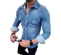 Camicia di Jeans A Maniche Lunghe da Uomo Slim Fit Camicia Casual con Bottoni A Pressione Taschino con Risvolto