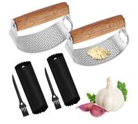 EACHPT 2set Spremiaglio in acciaio inox con manico in legno,Spremi Aglio con Pelapaglio Silicone e Pennello,Sbuccia aglio,Stainless Steel Garlic Press Rocker Mincer Crusher,Trita Aglio Manuale