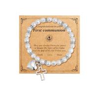 Eaciy Braccialetto per la prima comunione per ragazze, placcato in oro bianco 14 carati, con croce e cuore, per battesimo, comunione, regalo per ragazze adolescenti, 6-8, Ottone, Nessuna pietra