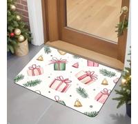 EAEQKOUC Scatola regalo di Natale e zerbino campanellino con fiocchi rossi e rami di pino - tappetino rettangolare antiscivolo lavabile in lavatrice, morbido interno all'aperto 3D-50x80cm