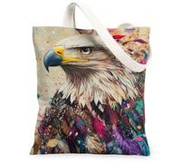 Eagle - Borsa tote in tela da donna, artistica, con piume vivaci e schizzi di colore, multicolore, lavabile, riutilizzabile, idea per familiari, amici, colleghi, lettura di amori, 33 x 38 cm