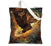 Eagle Canvas Tote Bag per le donne, Fantasy Nature Stars Galaxy Fall Gold Lavabile Riutilizzabile Market Tote Bag per lo shopping Brunc, Oro, 13x15 Inch