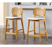 EALSON Set di 2 sgabelli da bar con schienale in rattan, sedie da bar moderne di metà secolo, con gambe in legno naturale, comode sedie da cucina imbottite in pelle, colore: bianco