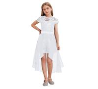 Eandarui Abito da bambina a maniche corte, in pizzo, per feste, per la comunione, bianco, 146-152 cm